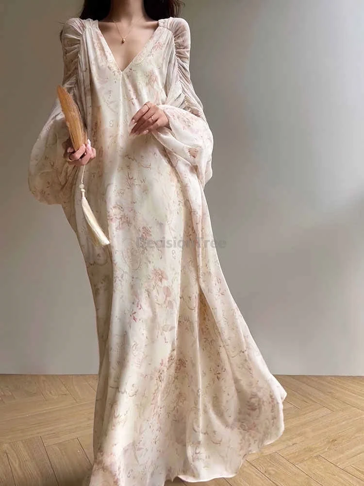2026 new chinese style zen cheongsam vintage temperament printing robe leisure loose fairy daily women's improved qipao dress