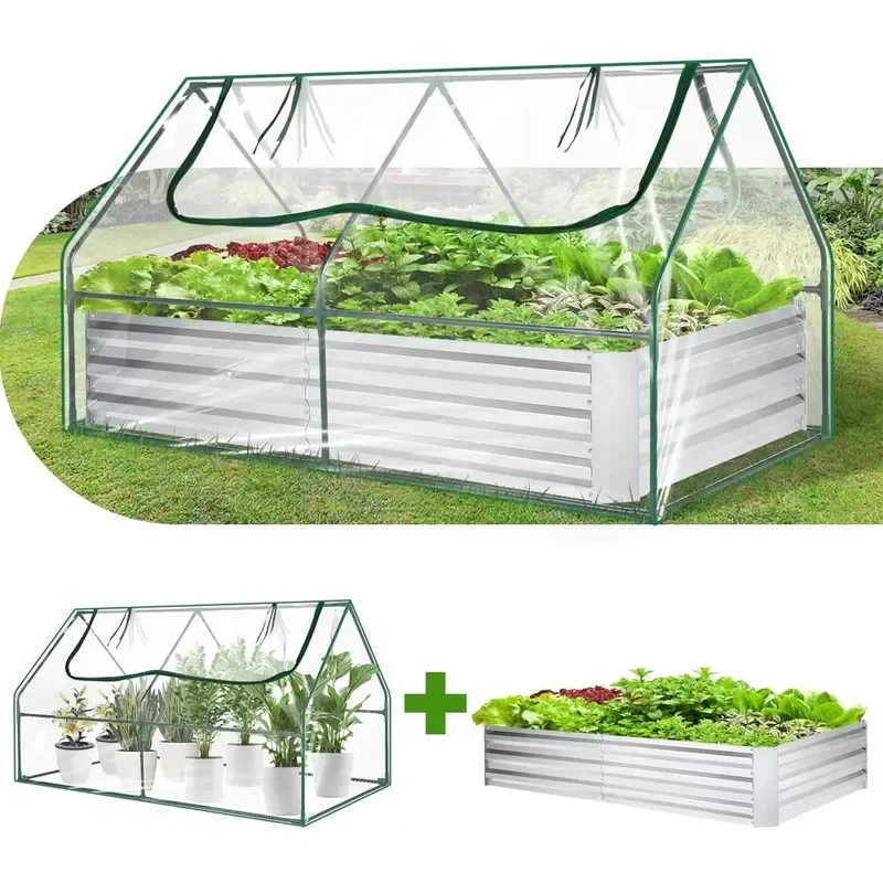 Raised Garden Bed 6 X 3 X 3 Feet Galvanized Steel with Greenhouse Cover for Gardens and Orchards