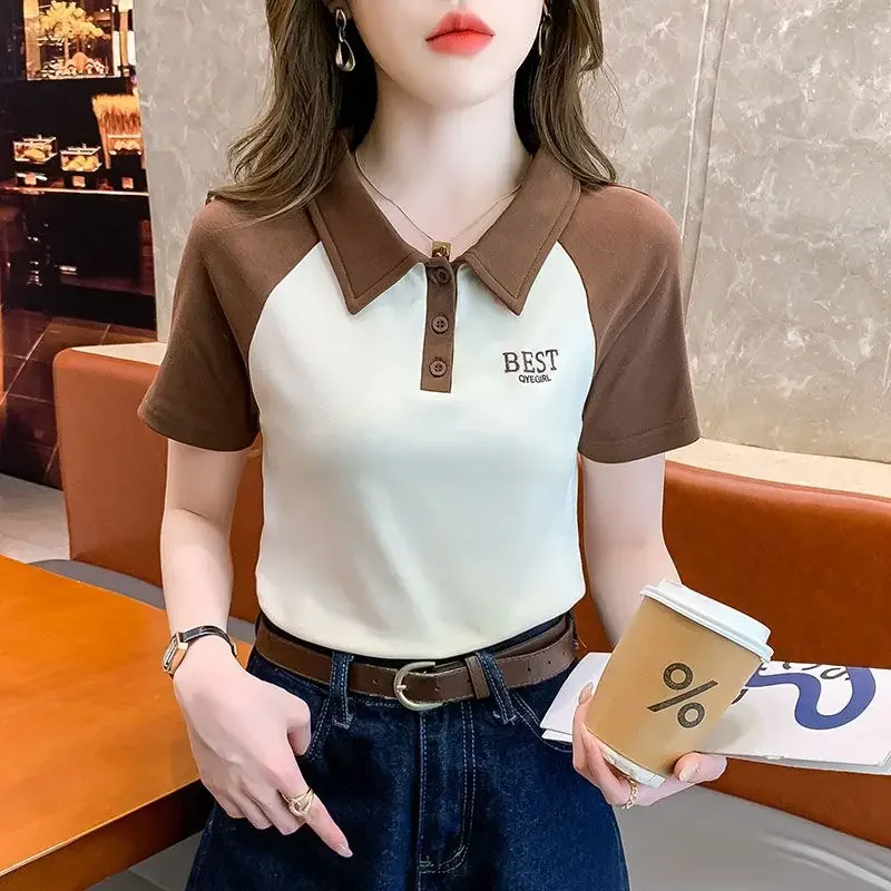 Women's Polo Shirts Black Graphic Embroidery Button Female Tee Clothing Trend 2024 Synthetic T-shirts Youthful Elegant Luxury In