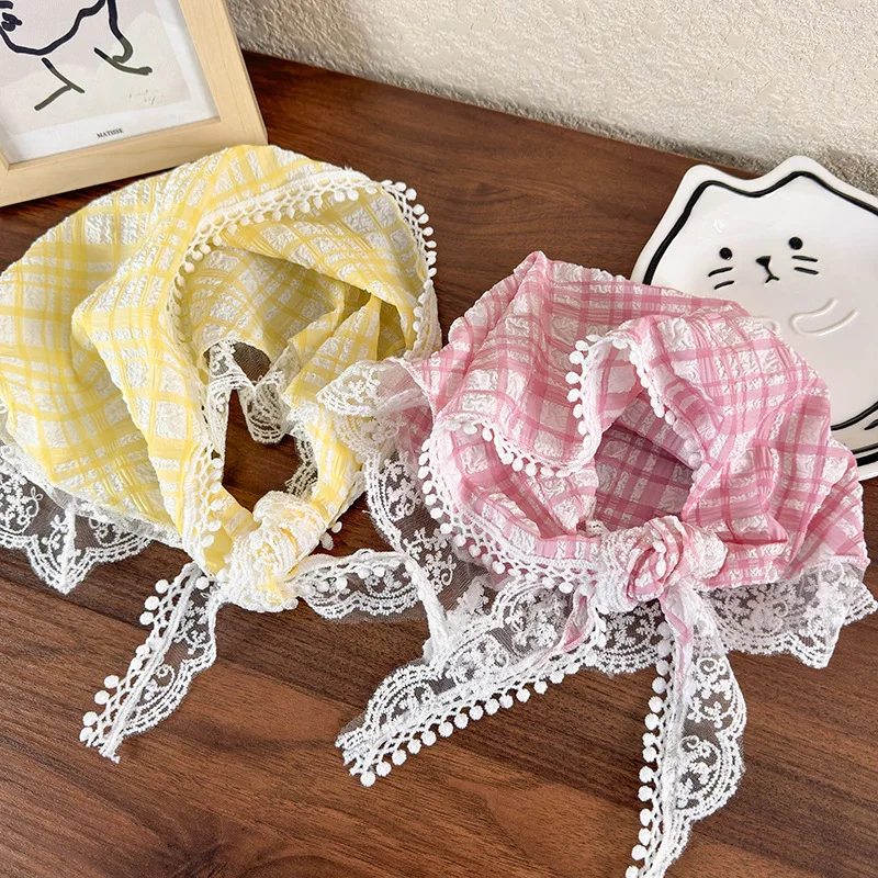 Lace Triangle Hair Scarf for Women Plaid Silk Ribbon Headscarf Girls French Headbands Pastoral Retro Bandana Summer Accersories