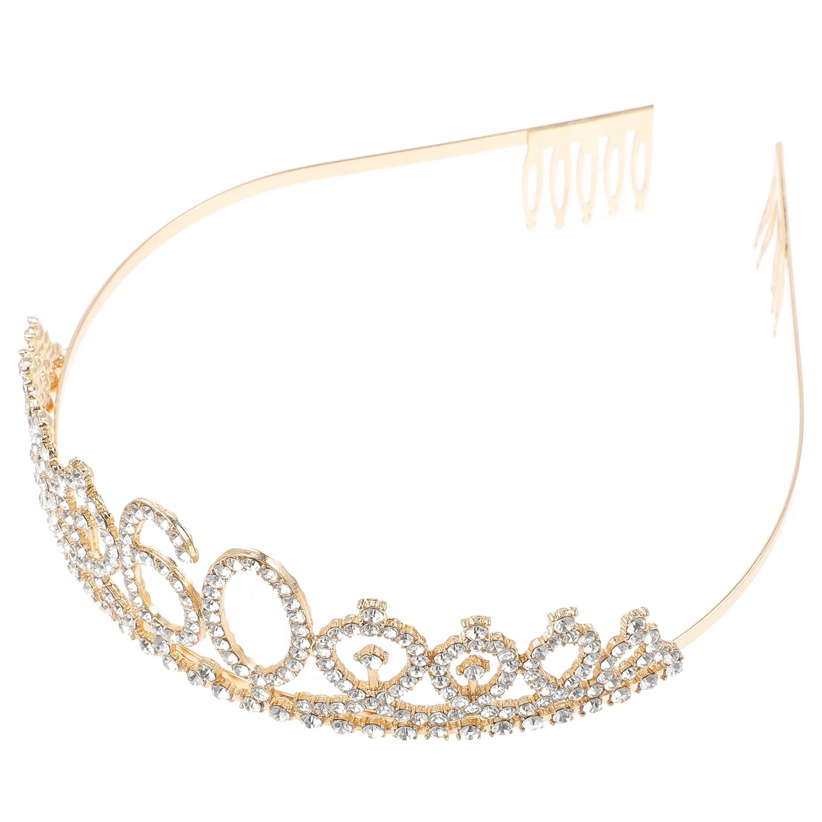 

1Pcs 60Th Birthday Crown Hollow Alloy Rhinestone Inlay Headband Hair Clasp Comb for Party Golden Elegant Shine Lightweight