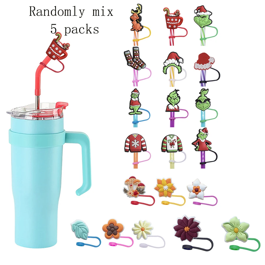 1/5pcs reusable silicone straw cap, Christmas party gift, dustproof straw cap, suitable for 7-8mm straw, colorful flower pattern