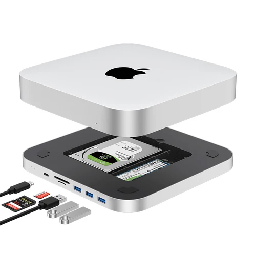 Qwiizlab USB C Hub para Mac Mini M2 M1 con carcasa de doble unidad SATA NVMe M.2 SSD tipo C 10Gbps SD TF lector de tarjetas estación de acoplamiento