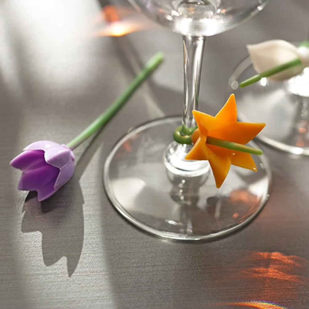 6Pcs Floral Shape Cup Tags Cup Marker Silicone Labels Drink Recognition Tools Labeling Supplies Glass Identifier Kitchen