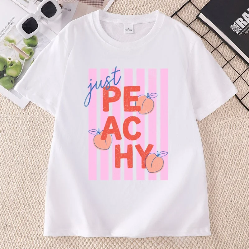 Just Peachy T Shirt Summer Fruit Tshirt Food Pun T-Shirt Retro Graphic Tee Casaul Round Neck Printed Tshirts Cotton Short