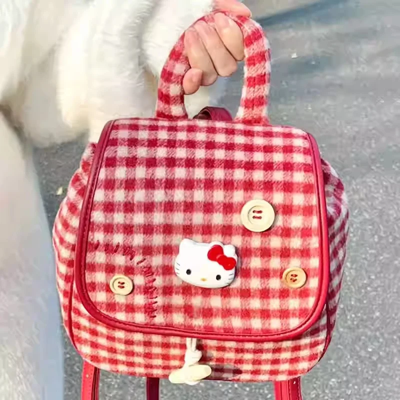 Hellokitty Bag Kt Cat Retro Cute Plaid Twin Shoulder Small Backpack Female Student Commuting Christmas Gift Birthday Gift In Sto