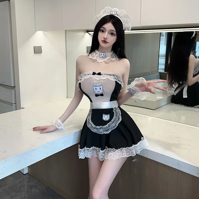 

Sexy Splicing Gauze Hollow Out Bra Perspective Tight Fitting Slim Cute Girl Maid Uniform Anime Role Play Party Lolita Clothing