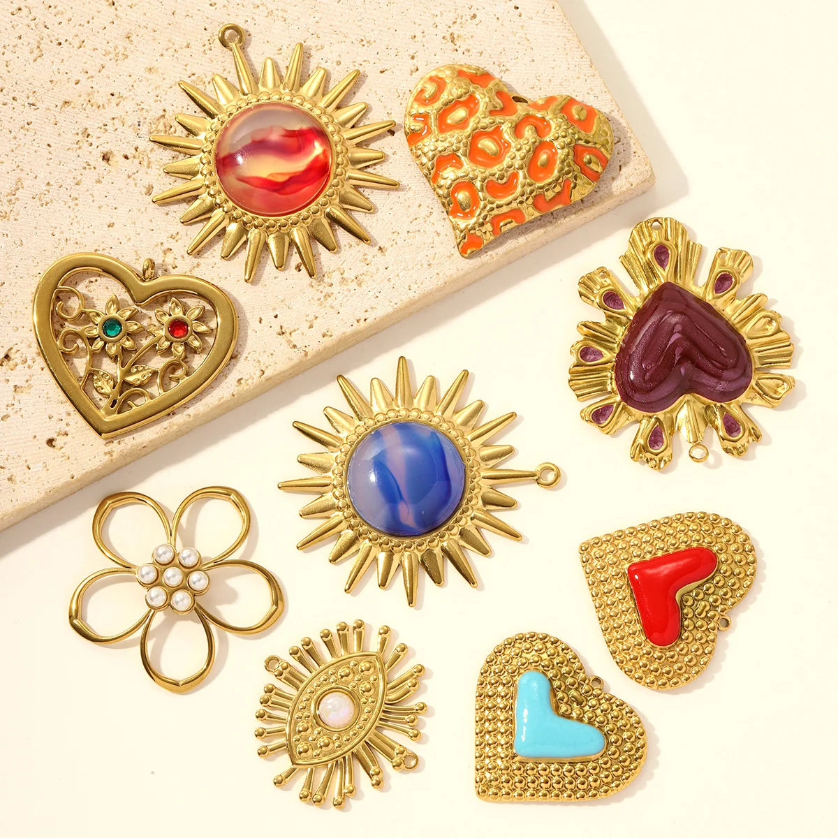3pcs/Lot Stainless Steel Rhinestone Flower Sun DIY Earring Charms Leopard Print Heart Necklace Pendants Woman Eye Jewelry