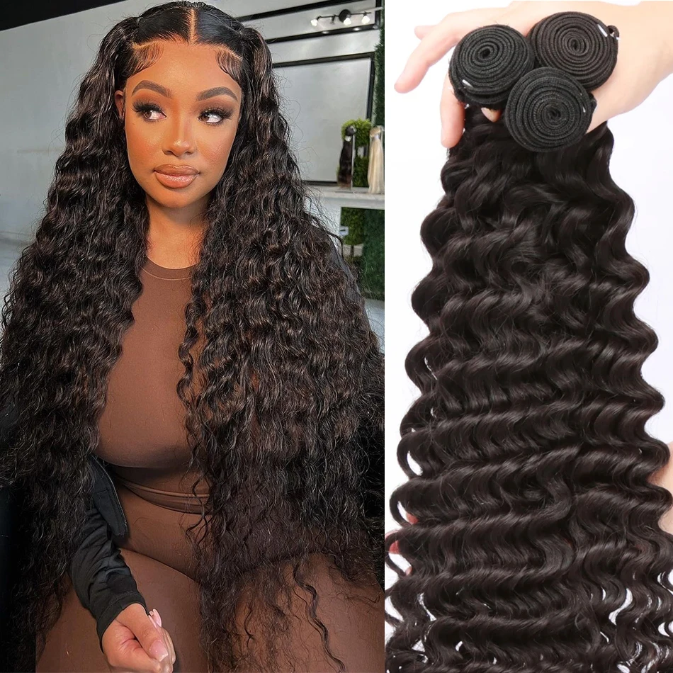 Deep Wave Bundles 100% Human Hair Bundles Peruvian Hair 32 Inch Curly Weave Bundles Soft Raw Hair Extensions Loose Deep Bundles