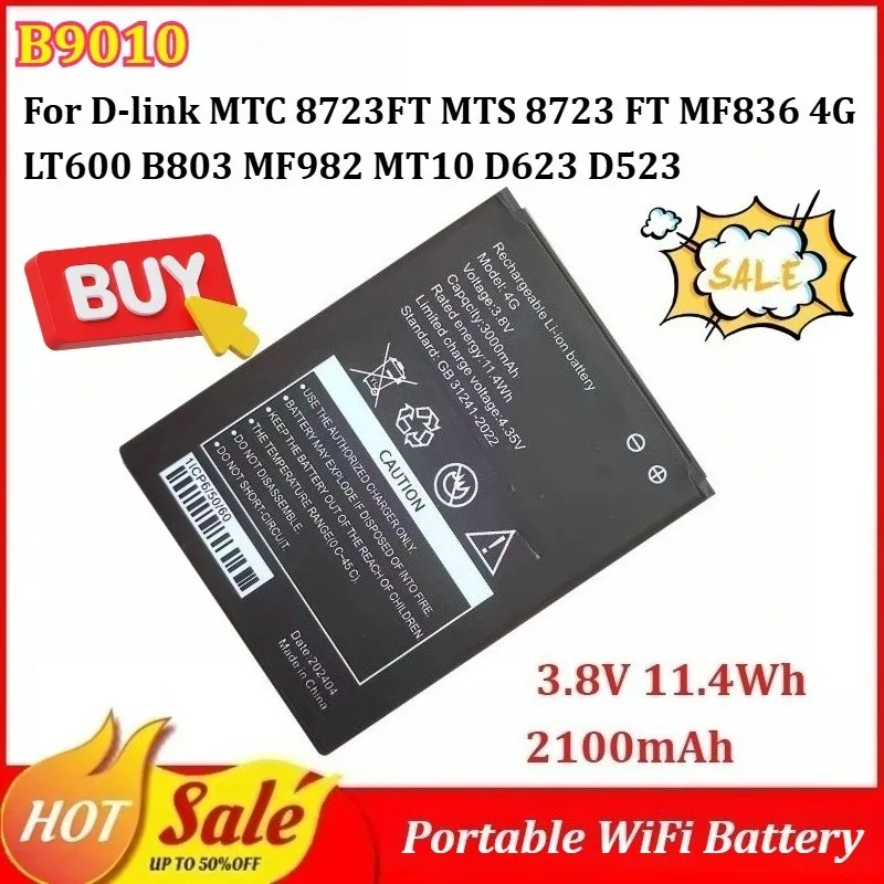 

New B9010 3.8V 11.4Wh 2100mAh Portable WiFi Battery for D-link 8723FT MTS 8723 FT MF836 4G LT600 B803 MF982 MT10 D623 D523