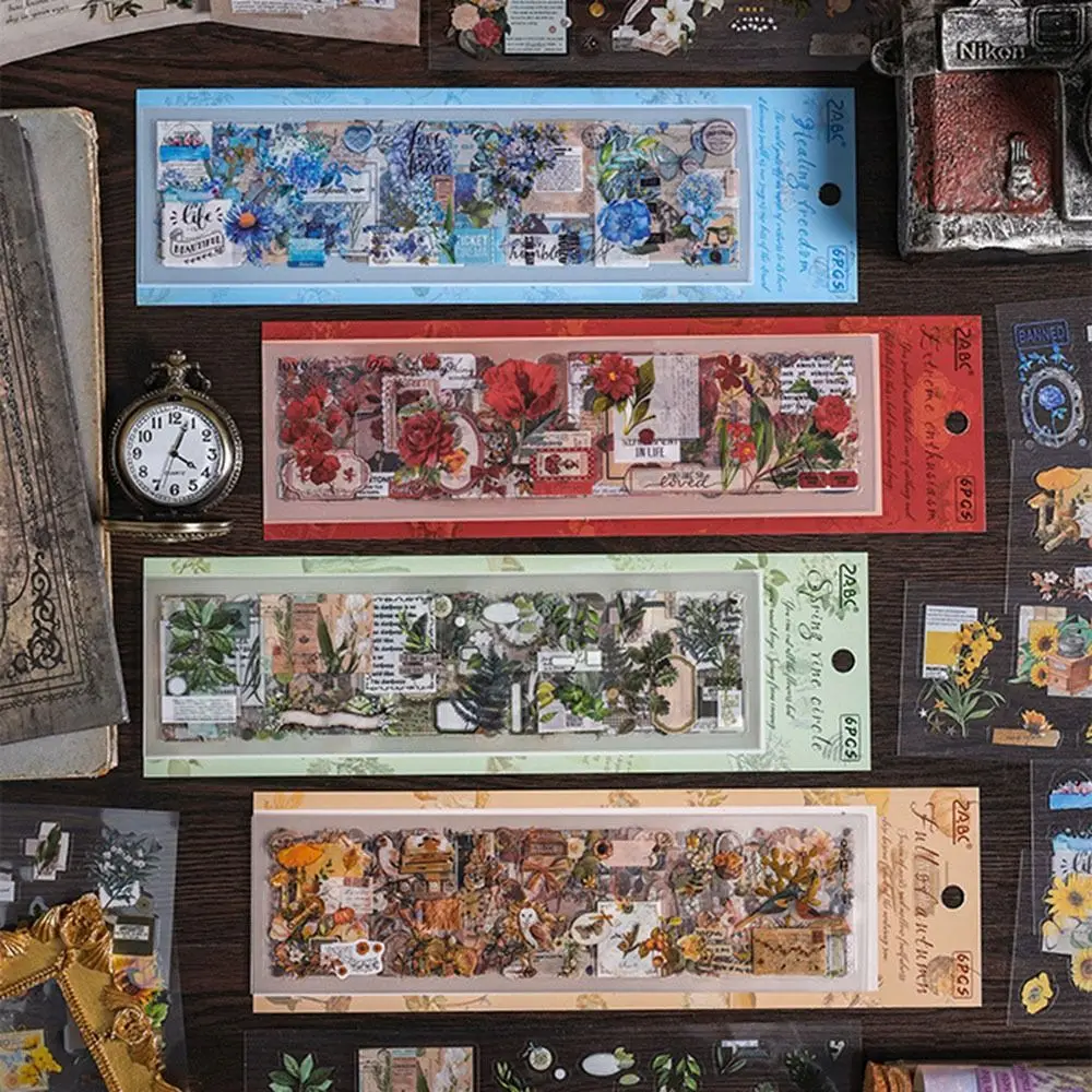 6 Sheets Artistic Waterproof Decorative Stickers Handbook Decor Student Stationery Scrapbooking Sticker DIY Adhesive Stickers