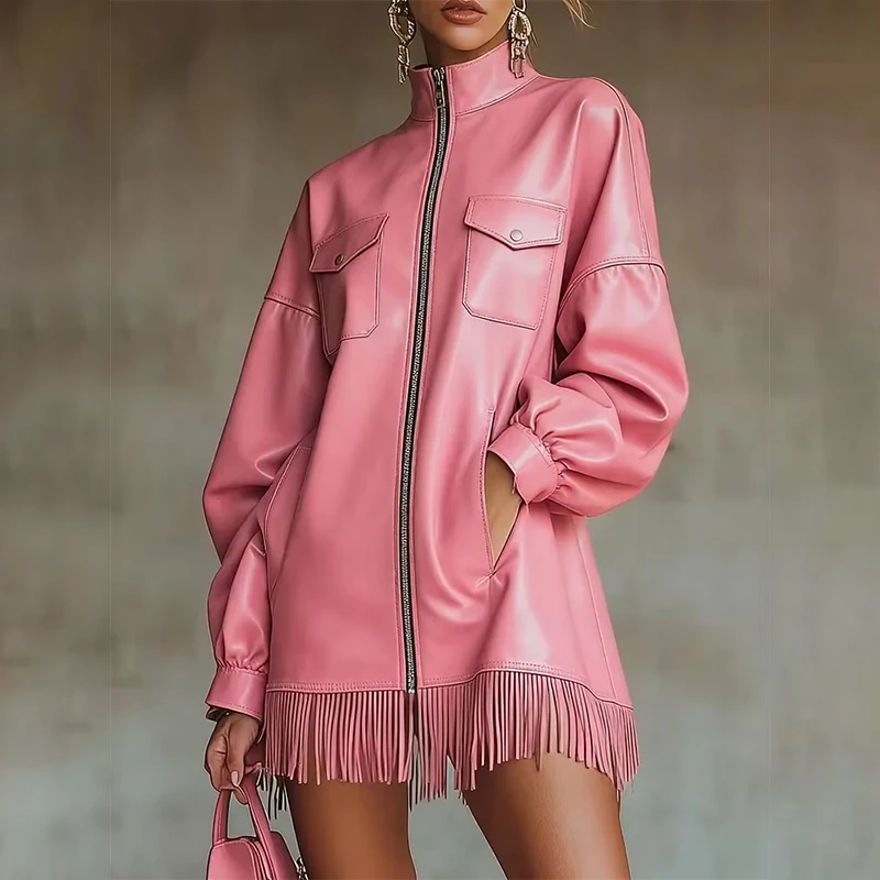 

Fashion Retro PU Leather Tassel Mini Dress High Neck Long Sleeve Pockets Fringe Hem Dress Zipper Pocket Autumn Street Dress 2025