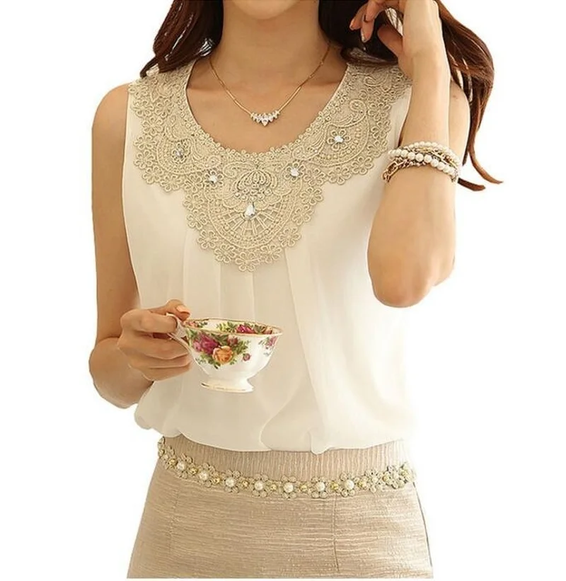 New Women Sleeveless Chiffon Blouse Diamond Folding Casual Lace Crochet Stitching White shirts Plus size S-6XL