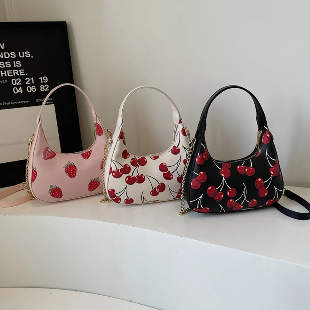 Bolso de hombro a la moda con estampado de cereza y fresa, Color sólido, gran capacidad, cremallera, correa de cadena ajustable, compras diarias