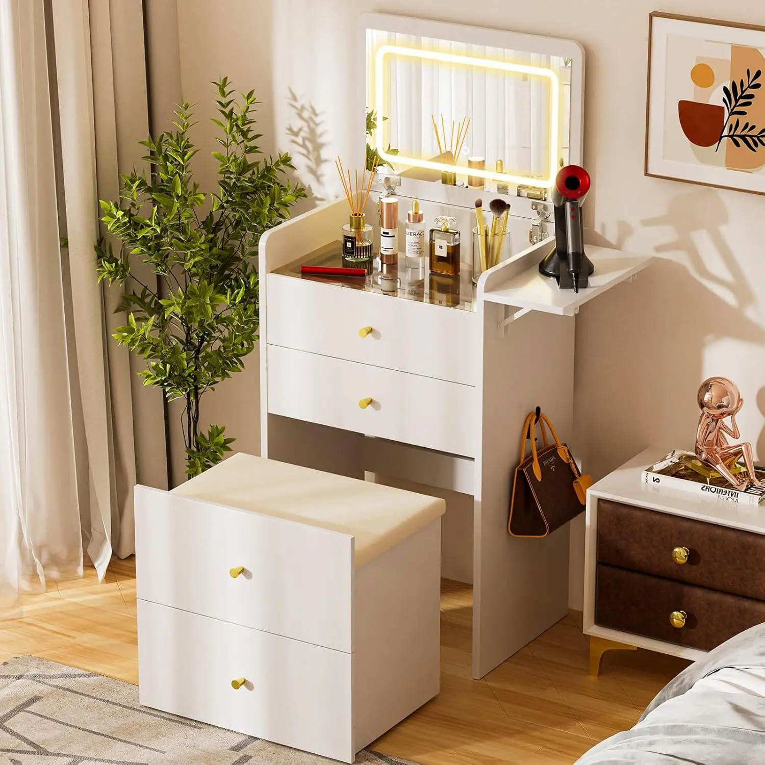 Compact 3-in-1 Makeup Vanity Desk with Mirror, Lights, Glass Top, Flip Top & Drawers, Storage Stool for Bedroom or Office