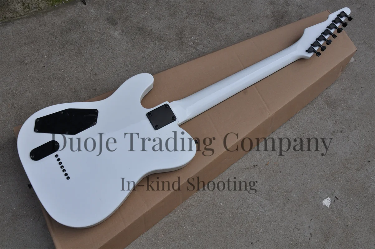 7 string electric guitar White body neck Set In body Strings Though body Black fixed bridge Ebony fingerboard support customizat