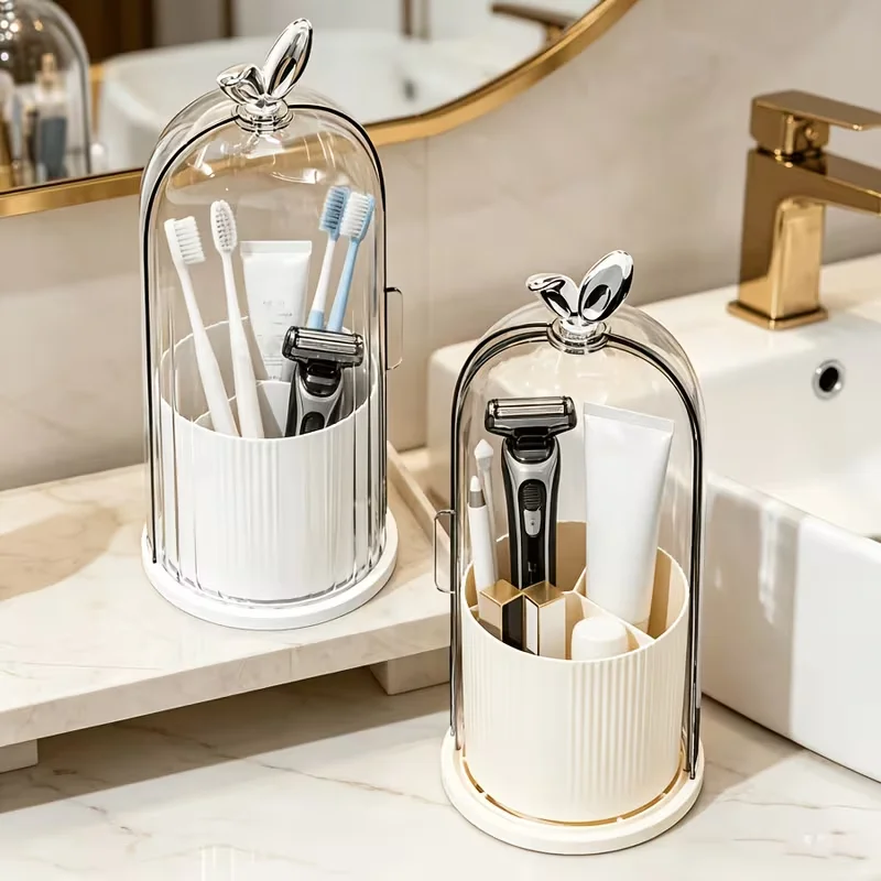 360 ° Drehbarer Zahnbürstenhalter mit transparentem Deckel, Make-up-Organizer-Box mit Fächern zur Aufbewahrung von Pinseln – Detail 3