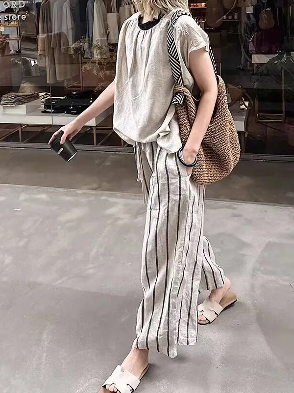 

Summer Casual High Waist Wide Leg Pants Women's Striped Loose Fit Slimming Casual Trousers Japanese Style plus Size