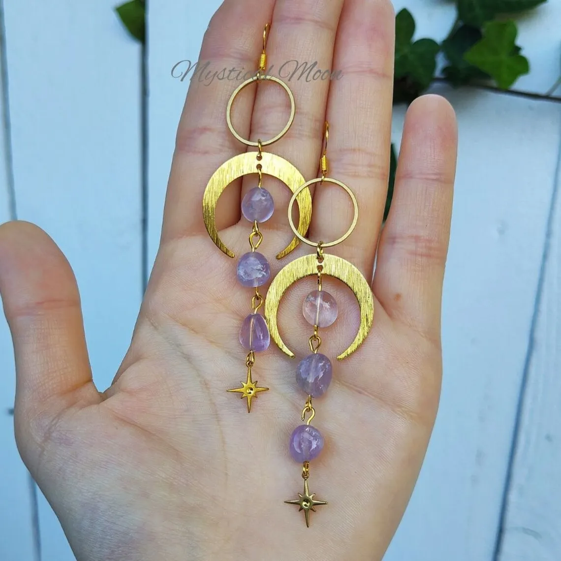 

Star Moon earring,Bohemian jewelry,light purple,irregular crystal,geometric,handcrafted,mysterious,magic,ear hook For Women Girl