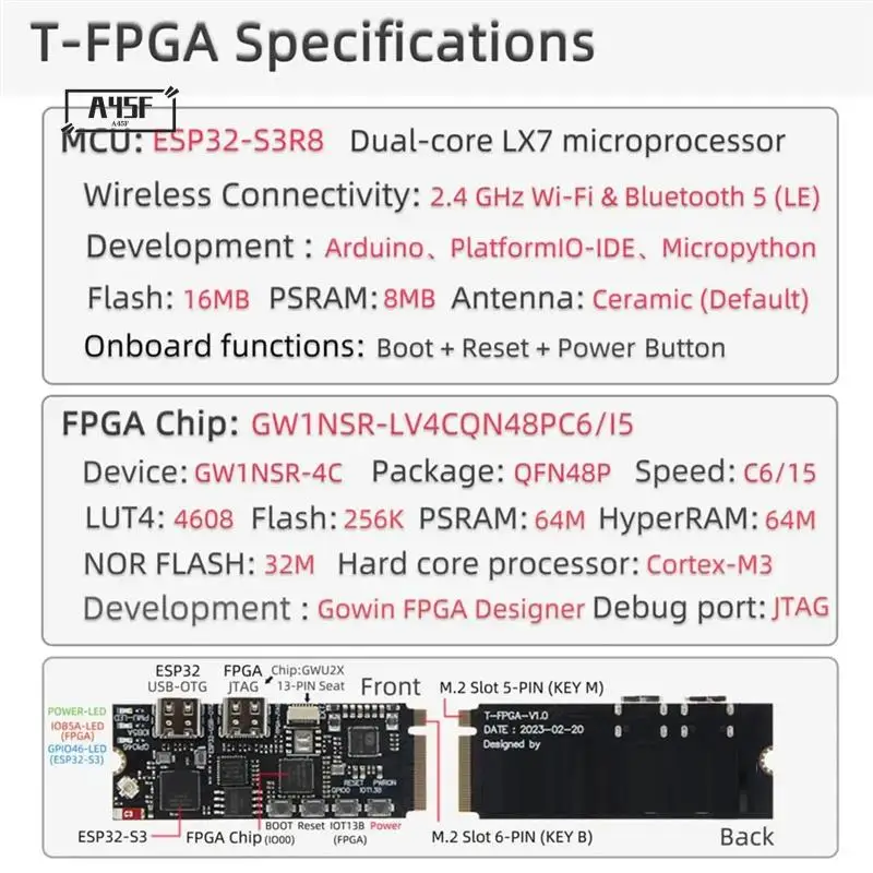 

A45F-T-FPGA ESP32-S3 Development Board M.2 Slot FPGA GW1NSR-LV4CQN48PC6/I5 Low-Power Microcontrollers Wifi Bluetooth5 Module