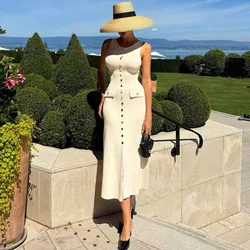 TARUXY Fashion Knitted Long Dress For Women Elegant Sleeveless Button Maxi Sweater Bodycon Dresses Female Party Fashion Vestidos