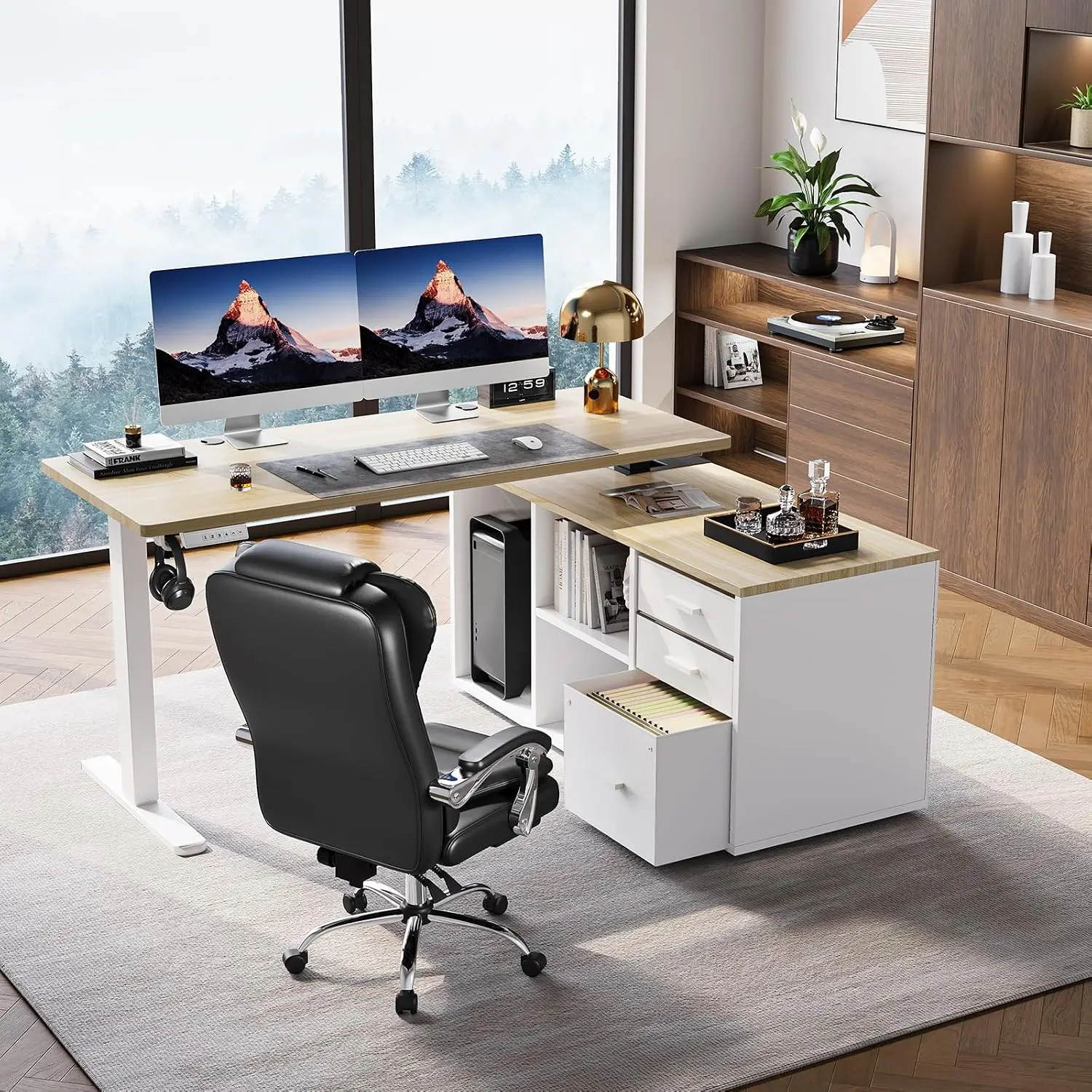 L Shaped Standing Desk With Drawers, Adjustable Height, Light Walnut, 55