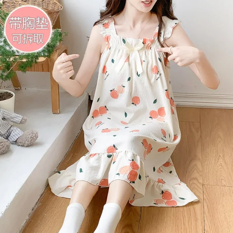 5XL Plus Size Summer Night Dress Women Sweet Sleepwear Nightgown Sleeveless Thin Korean Students Night Wears Loose Home Clothes