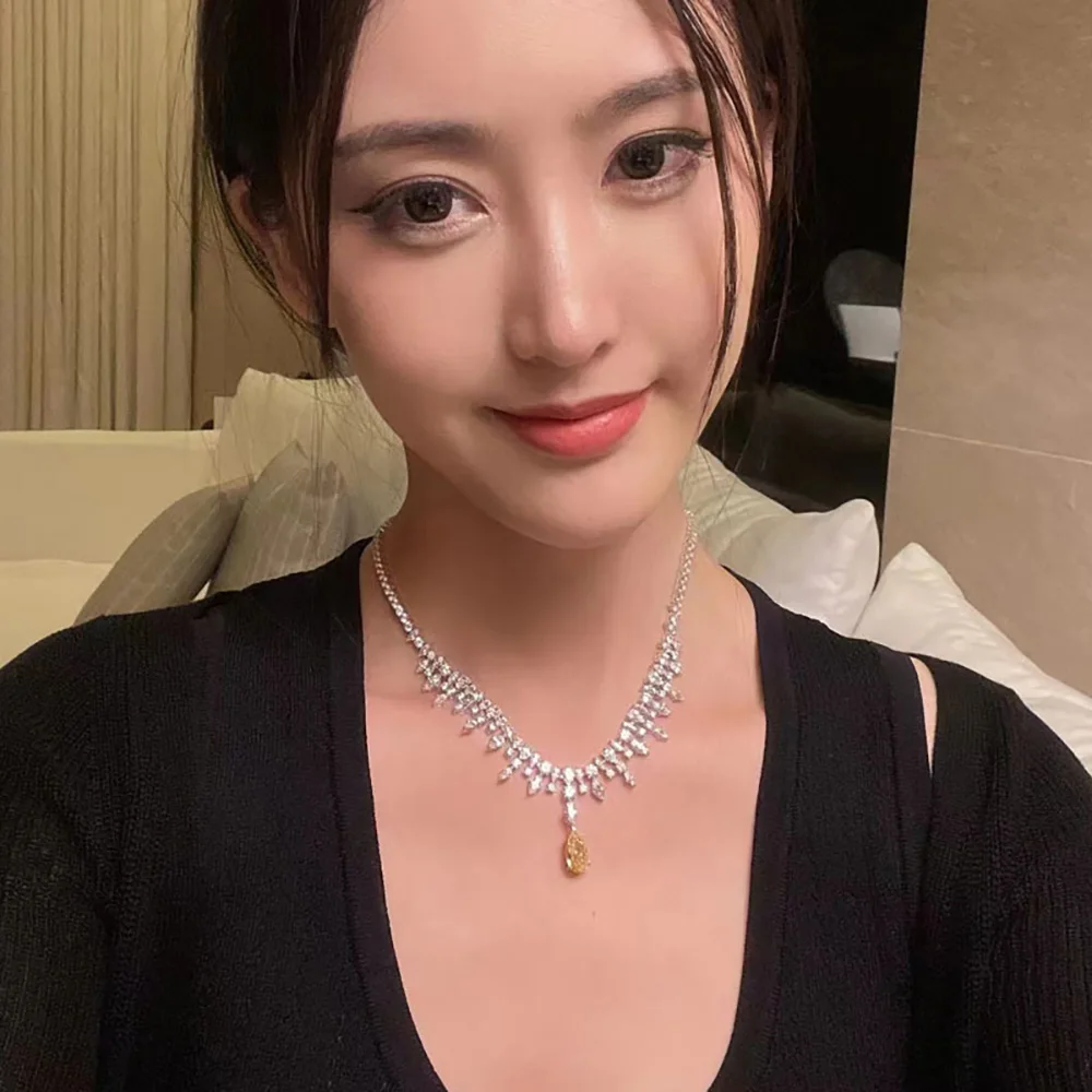 Luxury 100% 925 Solid Silver Water-Droped Topaz Pearl Lab Diamond Pendant Necklace for Women Cocktail Party Fine Jewelry Gifts