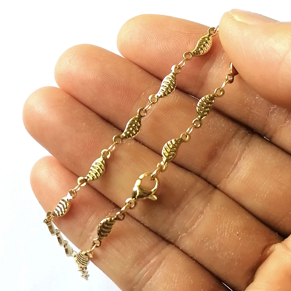 18K Gold Stainless Steel Anklet Barefoot Sandals Women Ankle Chain 23-28cm High Polished Sparkling Leave Charm 9