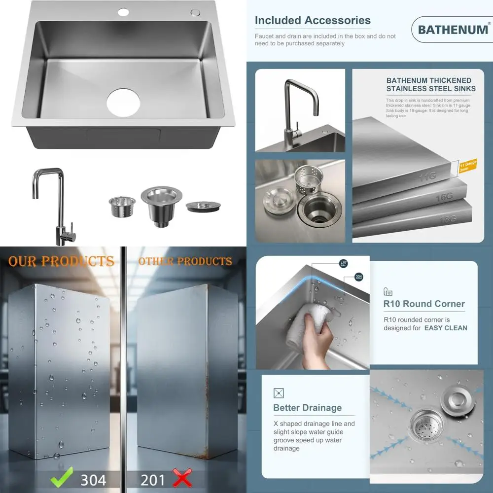 

Stainless Steel Single Bowl Kitchen Sink with Drain and Faucet, 24 x 18 Inch Drop-in Design for Modern Home Kitchens