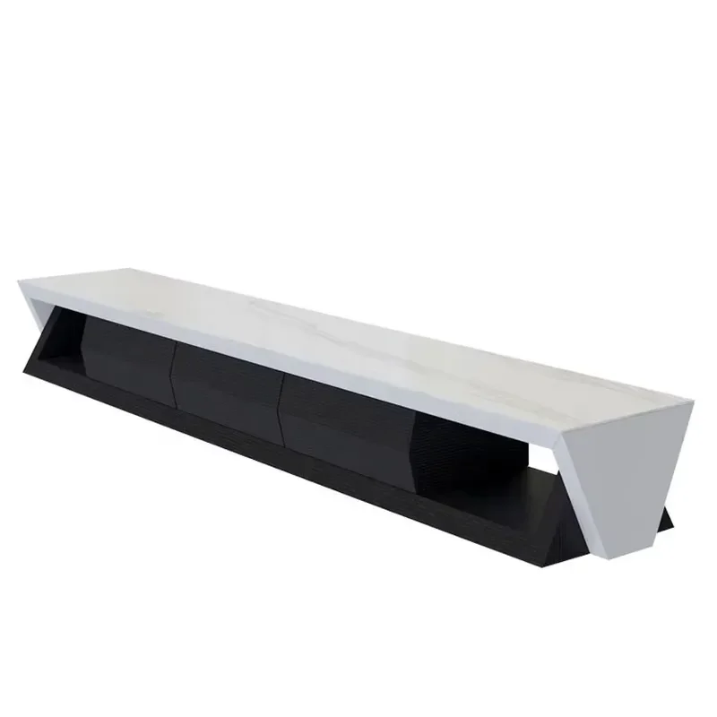Metal Italian Meuble Tv Unit Living Room Furniture Set Glass Mirror Tv Stand Wood Rock Plate Black With White