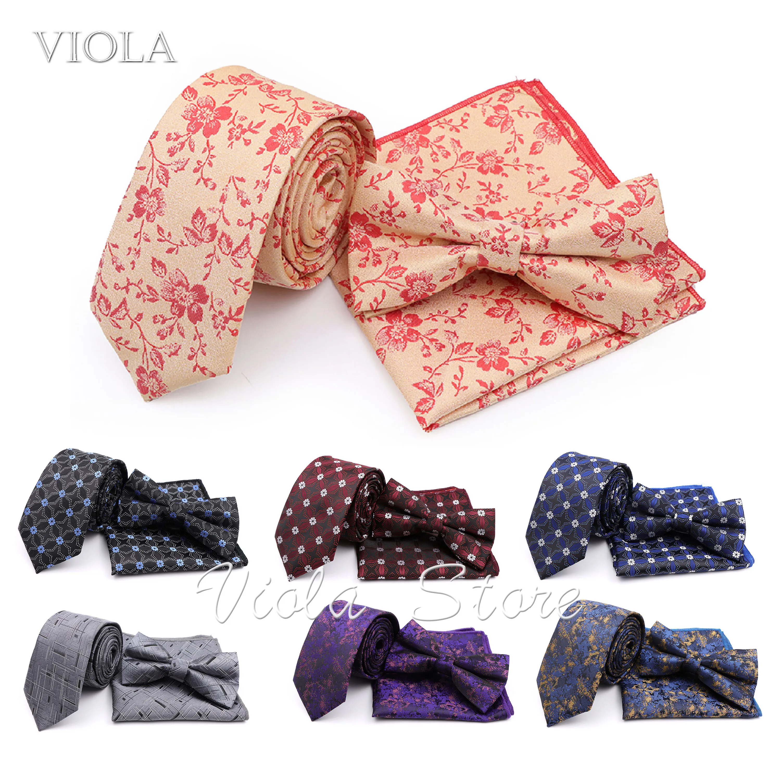 

3 PCS Tie Bowtie Hanky Set Floral Red Pink Blue Black 6cm Polyester Skinny Cravat Men Suit Wedding Party Business Gift Accessory