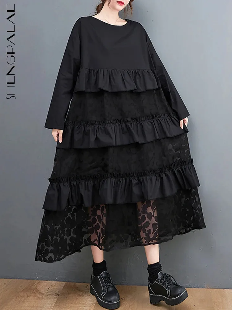 SHENGPALAE Print Gauze A Line Dresses Women Round Collar Full Sleeve Spliced Ruffles Loose New 2024 Niche Design Dress 5C1769