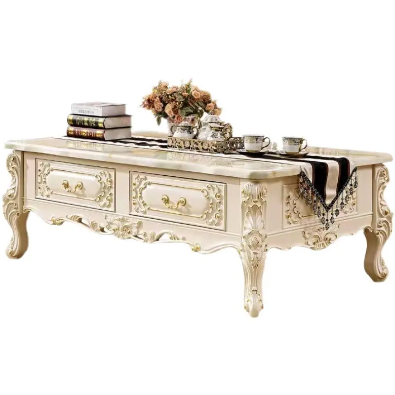 

European coffee table full solid wood carving flower marble living room high-end tea table ivory white TV cabinet combination