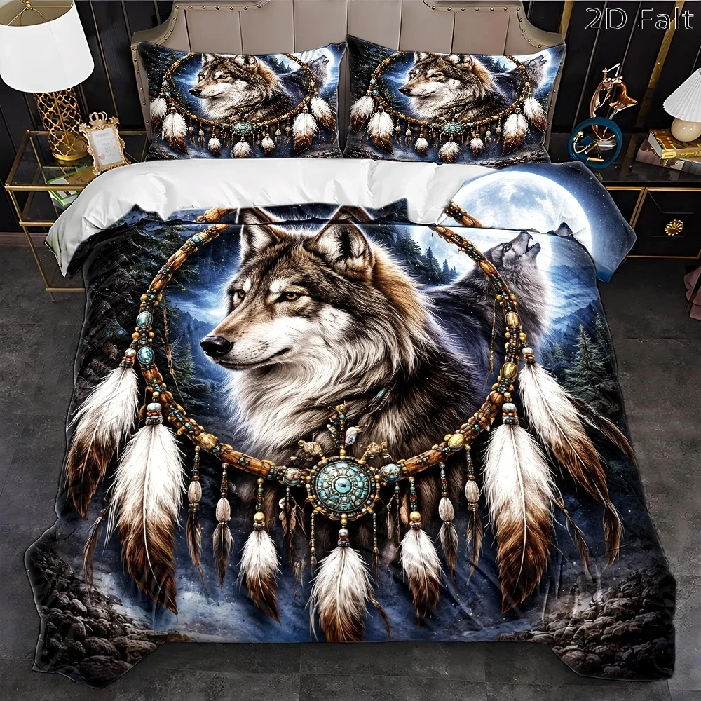 3Pc Indian-Style Dreamcatcher Double Wolf Duvet Cover Set, Three-Piece Bedding Set (1*Duvet Cover + 2*Pillowcases), Suitable for All Seasons, Machine Washable, Invisible Zipper Design, Large Double Bed Cover Set, Suitable for Home, Dormitory, Master Bedroom, Guest Room, Dreamy Moonlit Wolf Totem Print, Retro Feather Beaded Decoration, Creating a Personalized Wild Sleeping Space