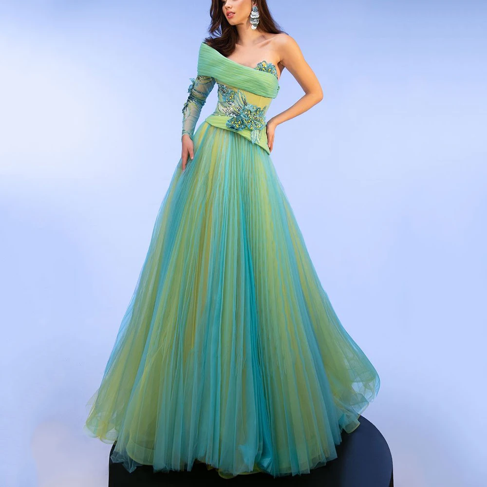 Fashion Evening Dresses Strapless Floor Length A-line Appliques One Shoulder Sleeve Green and Yellow Contrast Women Prom Gowns