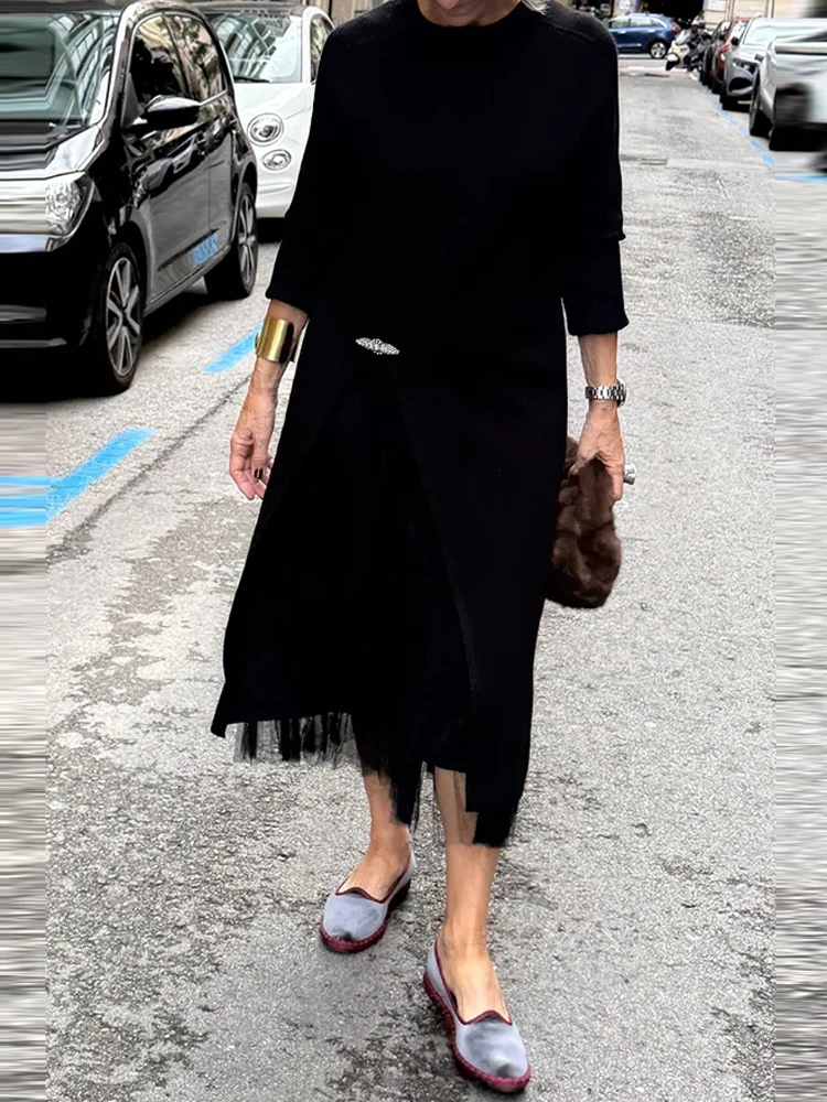 

Модный пуловер с круглым вырезом и длинная юбка, костюм 2026, женская сексуальная сетчатая юбка с драпировкой, комплект из 2 предметов, повседневная однотонная трикотажная одежда с длинными рукавами