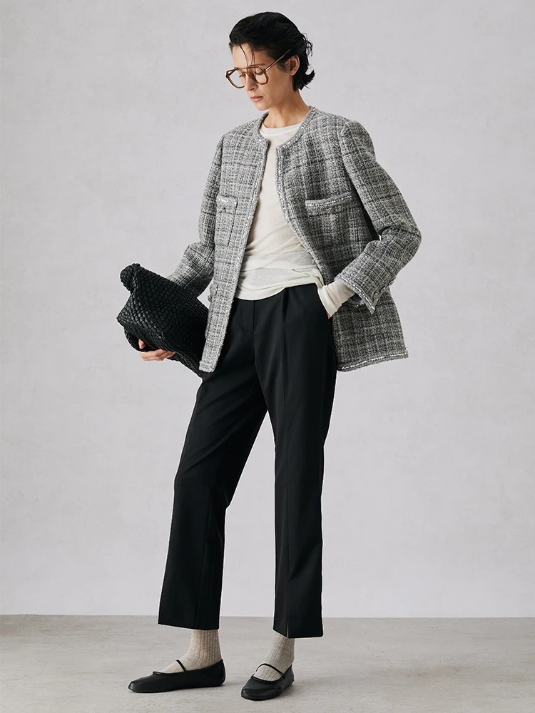 

BONUET Women's Woolen Jaet ort Ele Premium Quali Tweed Top Sweet Sle round Ne Long Sve Autumn Faion