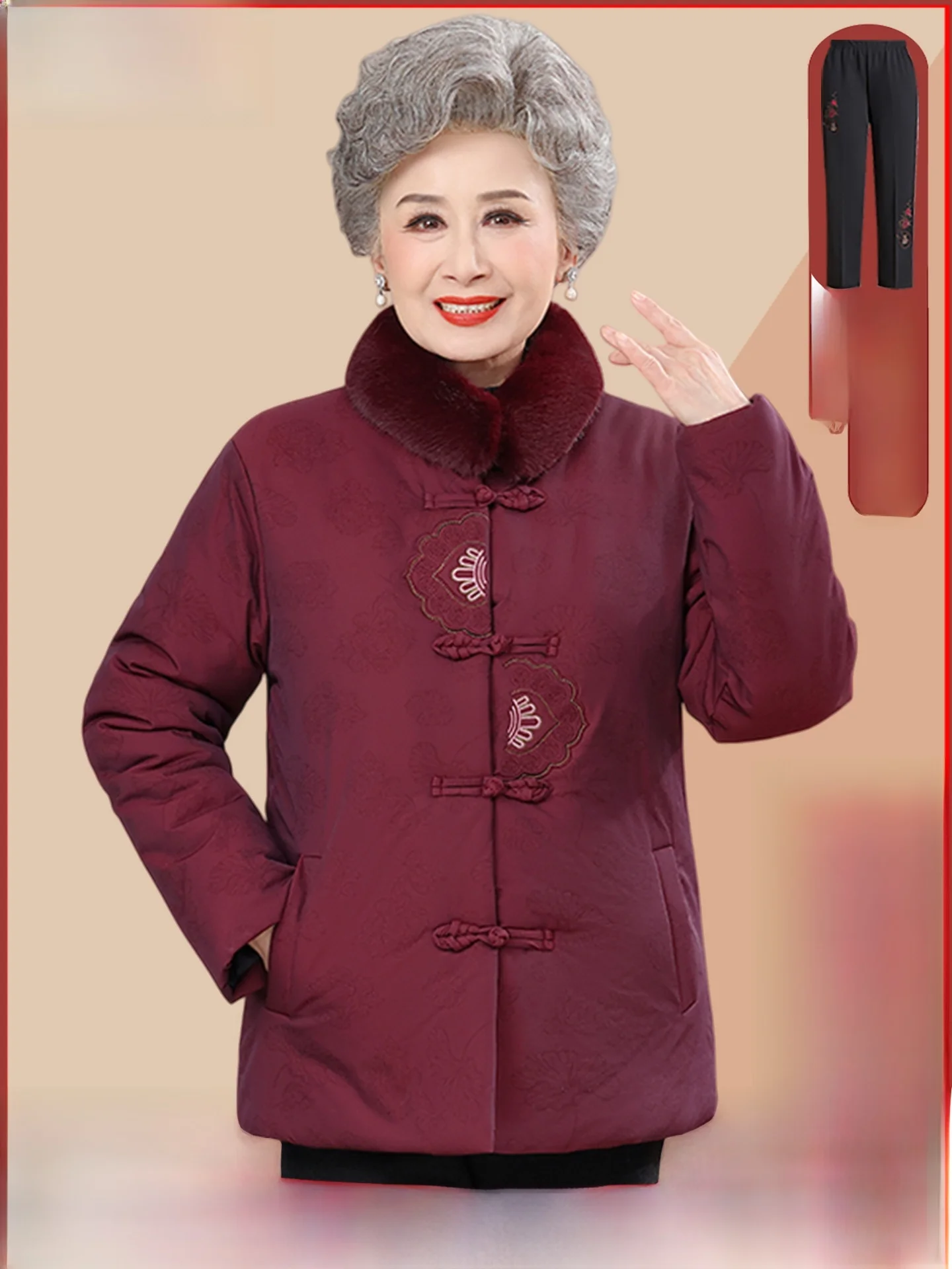 厚みのある暖かい綿ジャケット高齢者女性のための冬服中国風長ズボンポリエステル繊維充填高齢者コート