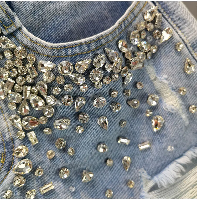 2024 Summer Women Ripped Tassel Hole Rhinestone Wide Leg Blue Denim Shorts , Fashion Bling Bling Shorts for Woman