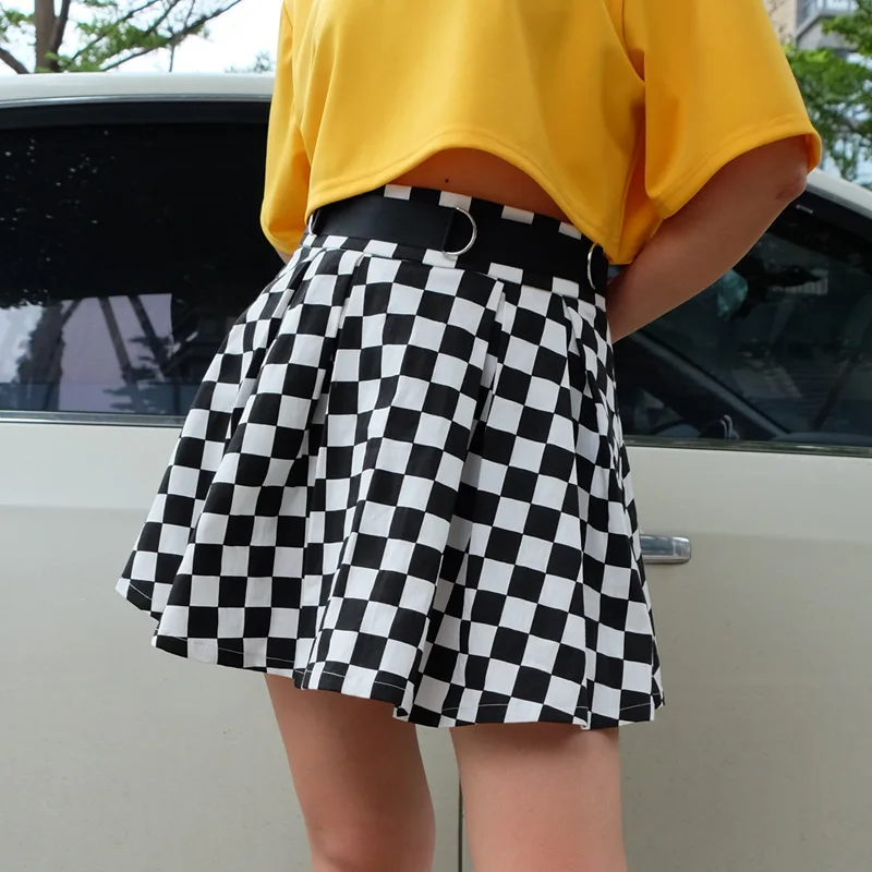 

Chess Plaid Womens 2023 Harajuku High Waist Kawaii Mini Skirt with Fake Sashes Summer Korean Fashion Large Pleated Skirts