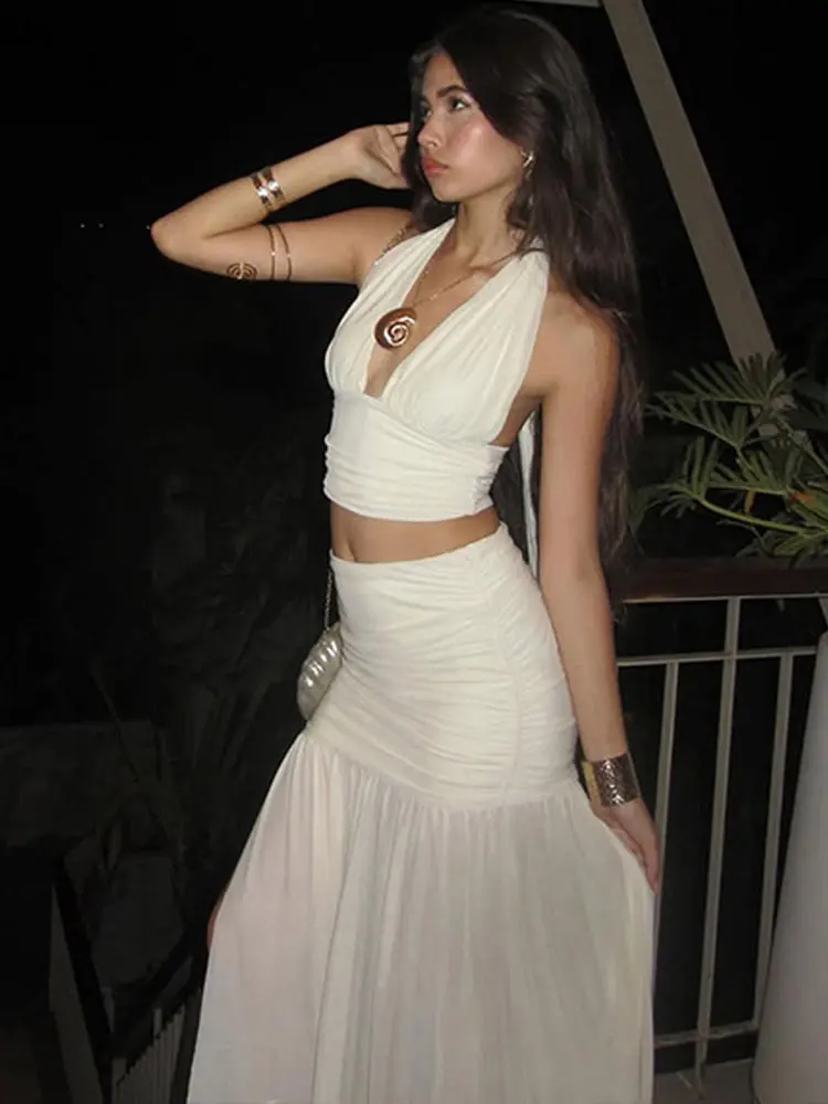 

Однотонный плиссированный летний женский костюм, сексуальный укороченный топ с v-образным вырезом и открытой спиной, лоскутная сетчатая длинная юбка, повседневный женский праздничный костюм