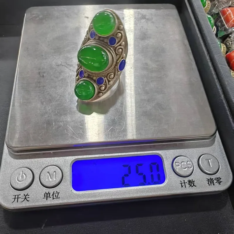 Retro-Orientalischer Cloisonné-Emaille-Ring Unisex Multi-Grün Imitierter Edelstein Antiker Gebogener Metall-Tribal-Herren-Fingerornament – Detail 2