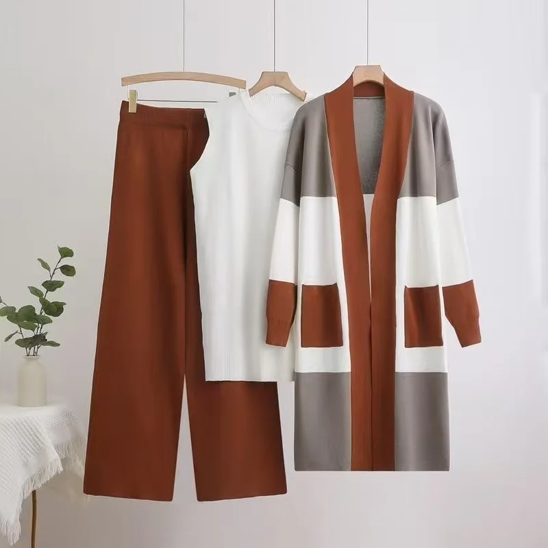 2025 الشتاء والخريف المألوف أنيقة المرأة محبوك 3 قطعة مجموعة سترة المرأة سترة المرأة بنطال ذو قصة أرجل واسعة 3 قطعة مجموعة