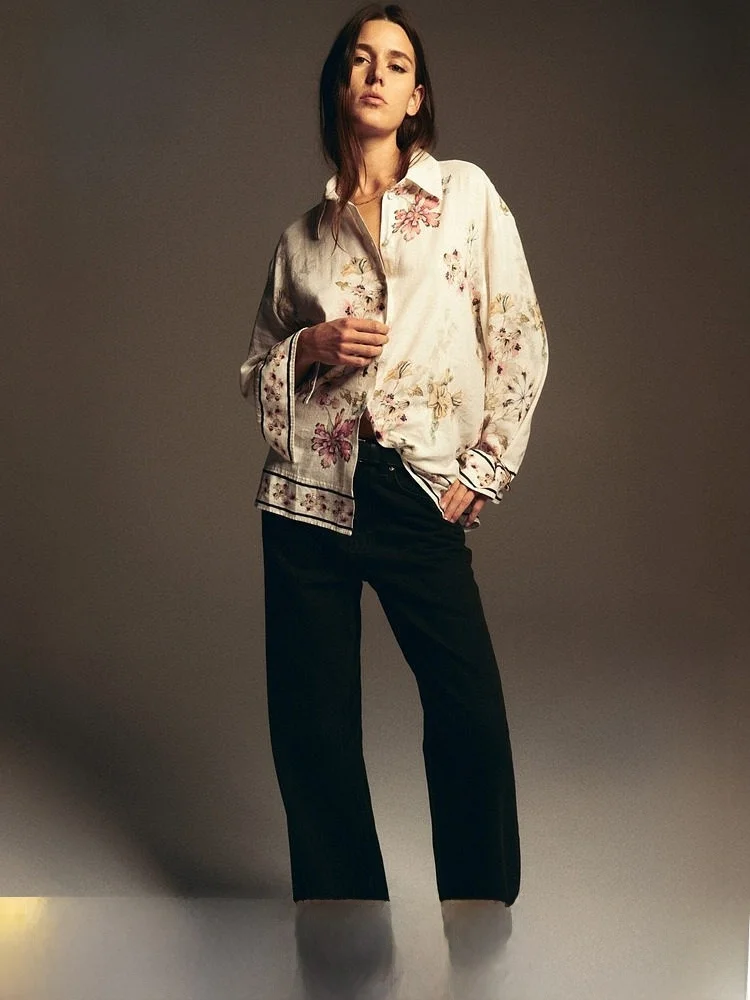 

H&M Summer New Women's Linen Blend Shirt Casual Loose Fit Long Sleeve Printed Collar Button up Blend of Linen And Viscose
