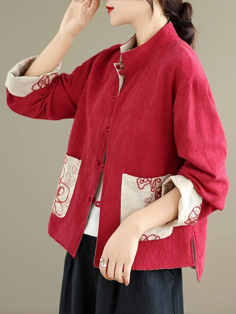 Nuovo cinese Sle double-face ricamato in cotone e lino Jaet da donna Primavera Autunno Unico squisito servizio da tè Cardigan aperto...