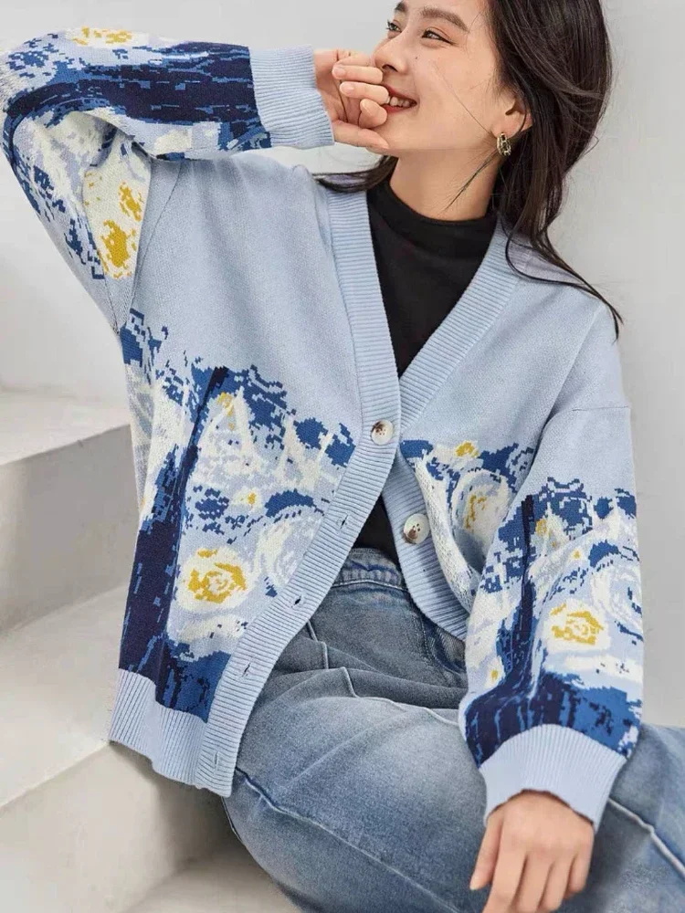 Fashion Printing Cardigan for Women Thickening V-neck Winter Women\'s Coats 2024 Sweaters Casual Loose Blue Warm Knitted Cardigan