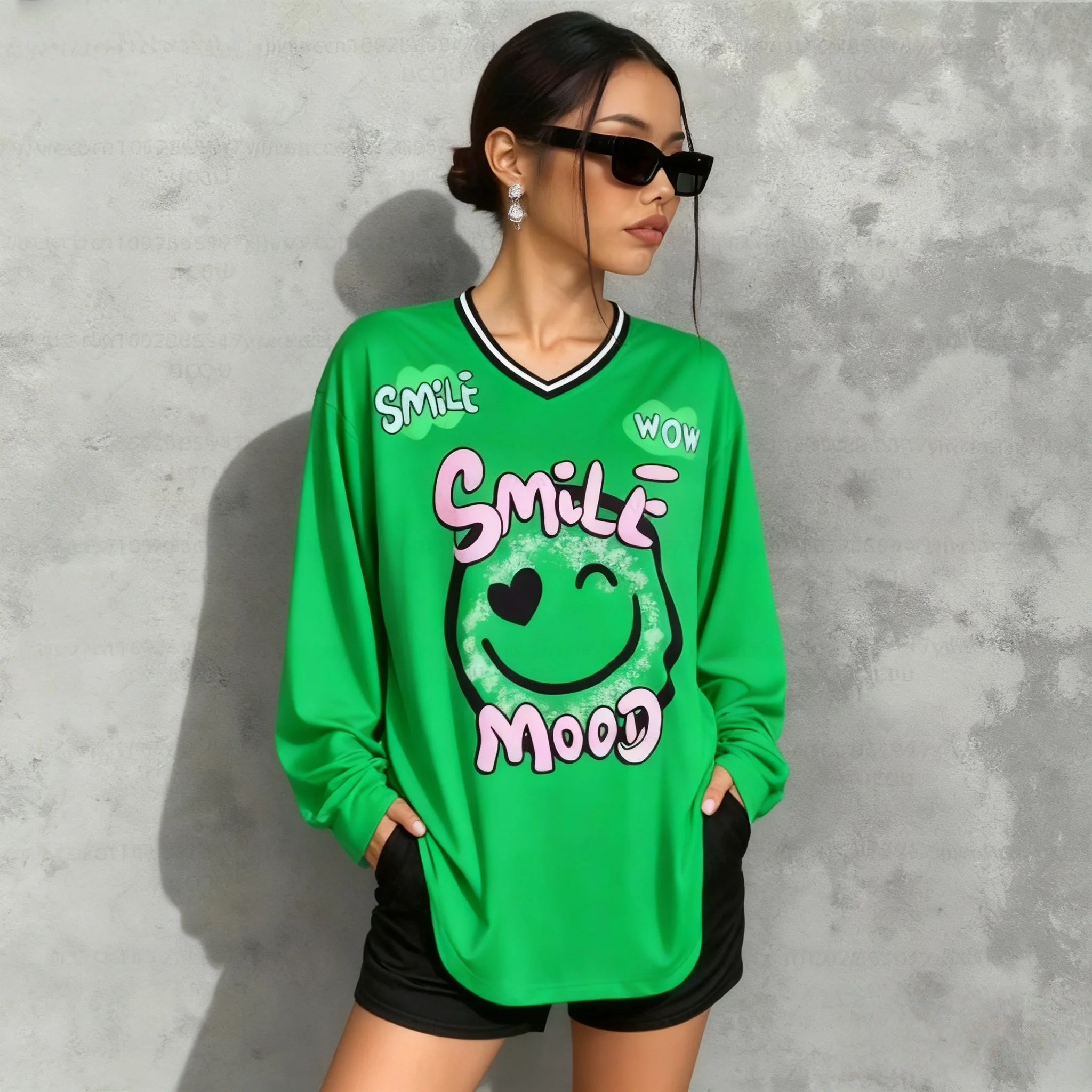 Primavera e autunno American Street Love Smile T-shirt a maniche lunghe Y2K da donna oversize D T-shirt sportiva di tendenza stampata