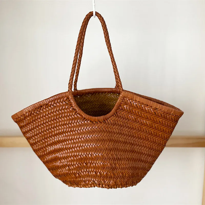 Fashion Woven Bag for Women Big Genuine Leather Tote Bag Large Summer Beach Travel Handbag Retro Handmade Shoulder Bag