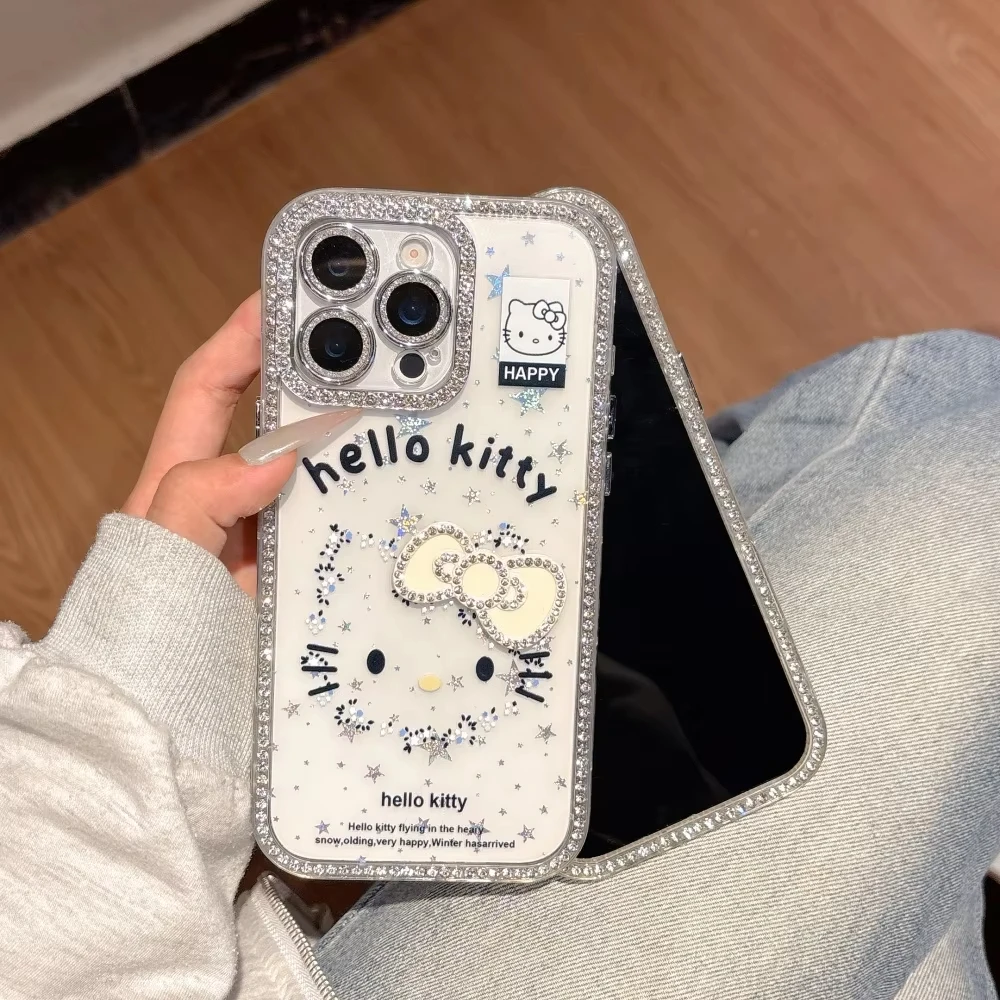 

Hello Kitty Cartoon Ins Korea 3D Rhinestones Bling Cartoon Bow Case для Iphoen 16, 15, 14, 13, 12, 11 Pro Max Plus, подарок для девочек Kawaii